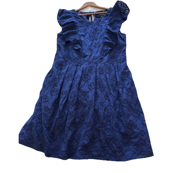 Chris McLaughlin Womens Dress Size 20 W Navy Cotton Eyelet Ruffle Pockets - Picture 1 of 8